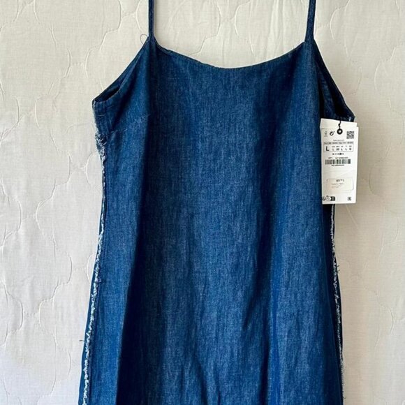 ZARA Cindy Lightweight Cotton/Linen Denim Midi Dress w Flounce Hem, Size L, NWT - Picture 7 of 7